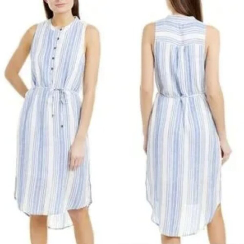 Splendid Blue White Striped Sleeveless Henley Midi‎ Dress Drawstring Waist Small